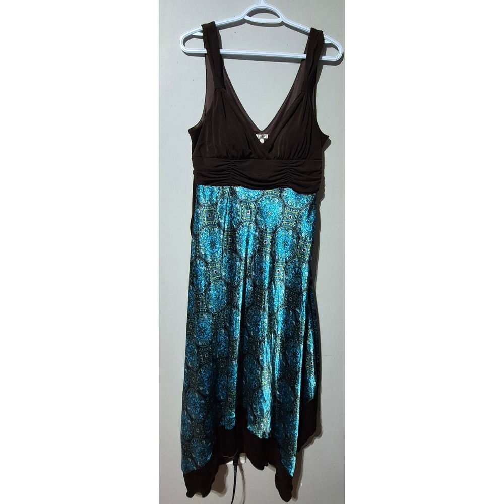 Studio Y Women XL Brown Teal Medallion Handkerchief Hem Midi Dress M89761P4